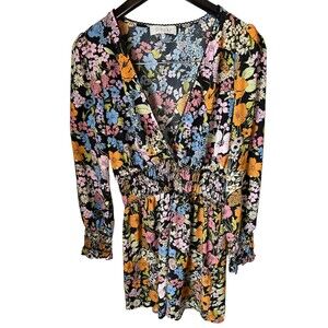 WAYF floral Dress Womens Sz M Deep V Neck Smocked Waist balloon sleeve feminine